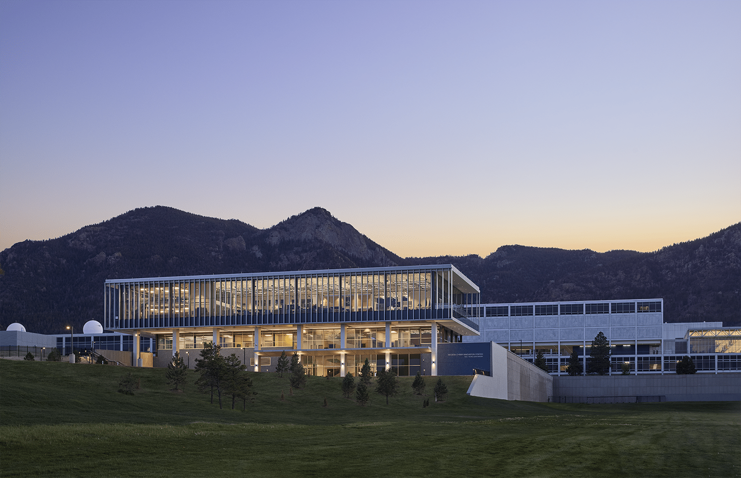 Air Force building, mountains in background, sunset