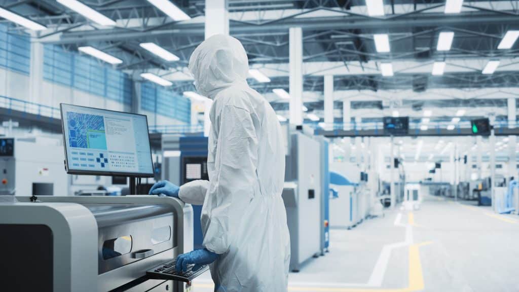 Circuit Board Production In a Factory Research Center with Scientist In Sterile Suit