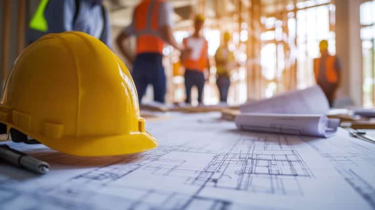 Blueprints under a hard hat on a construction site